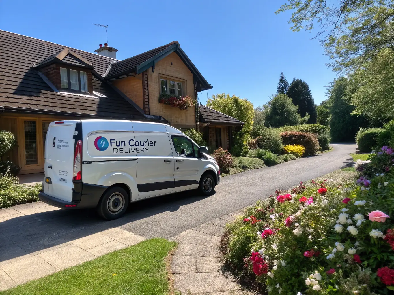 A delivery van with the Custom Canvas Print logo on its side, shown delivering a canvas print to a customer's home. The scene conveys convenience and reliability.